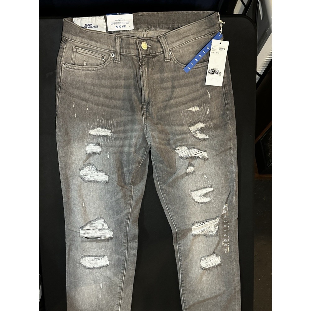 H&M Conscious Men's Skinny Gray Distressed Low Rise Medium Wash Denim 30 x 32